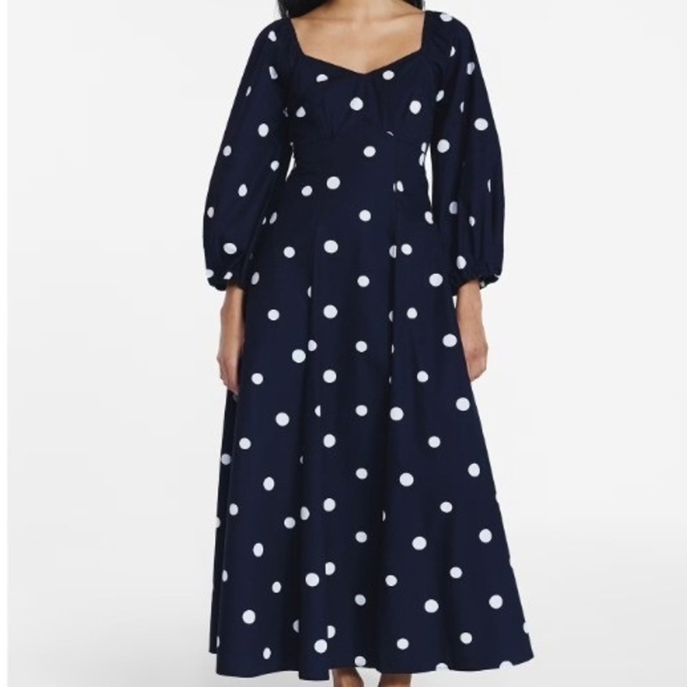 Free Assembly Navy Blue Polka Dot Midi Dress Sweetheart Puff Sleeve A-Line Sz L